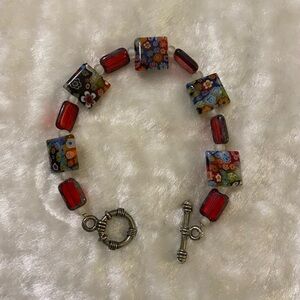 ☘️Multi Colored Millefiori Square Resin Beaded Silver Tone Toggle Bracelet